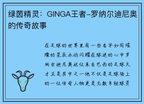 绿茵精灵：GINGA王者-罗纳尔迪尼奥的传奇故事