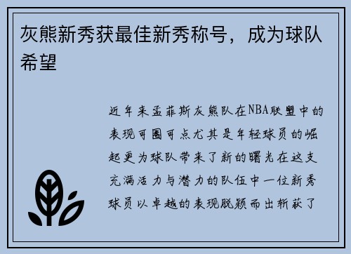 灰熊新秀获最佳新秀称号，成为球队希望